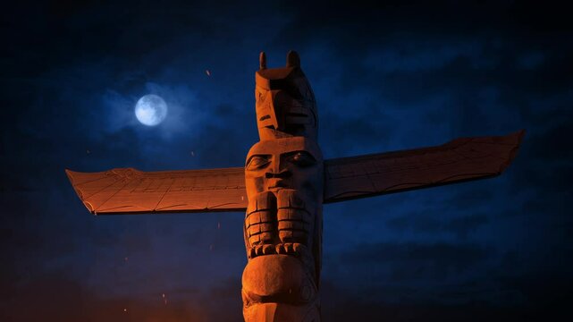 Totem Pole In Firelight With Moon Above