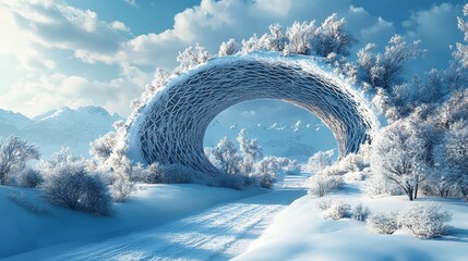 frozen geometric arch scene in a surreal winter setting, capturing the beauty of icy shapes and artistic, abstract patterns