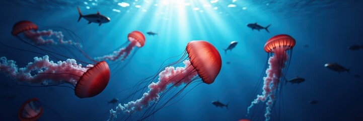 Stunning underwater scene featuring vibrant jellyfish and fish, illuminated by sun rays. Perfect for marine life, nature documentaries, and ocean conservation themes.