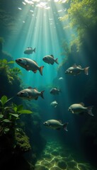 Fototapeta premium Underwater scene featuring a school of fish swimming through sunlight rays, creating a serene and vibrant aquatic atmosphere.