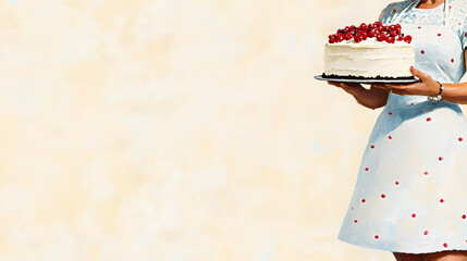 Unrecognizable, vintage-inspired woman holding a cherry cake