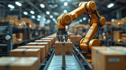 A robotic arm in an industrial setting is packaging parcels at a post office.