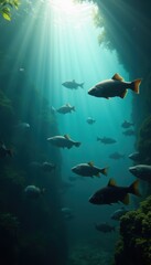 Underwater scene showcasing a school of fish illuminated by soft rays of sunlight, perfect for marine life, conservation, and adventure themes.
