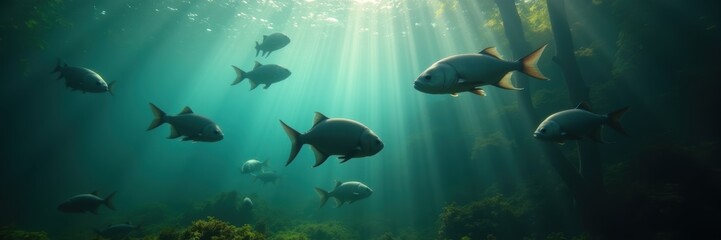 Fototapeta premium A serene underwater scene featuring a school of fish illuminated by rays of light, capturing the beauty and mystery of marine life.