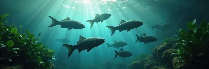 Fototapeta premium Underwater scene featuring a school of fish swimming gracefully through clear waters, illuminated by sunlight, showcasing the beauty of marine life.