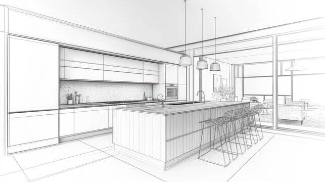 An interior sketch outlines the blueprint design of a kitchen, featuring modern furniture and an island.
