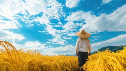 Fototapeta premium Japanese Farmer in Rice Field During Harvest Season