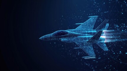 Blue abstract polygonal points showing a fighter jet in flight. Low poly lines connect to a modern form illustrating a fighter jet in flight.