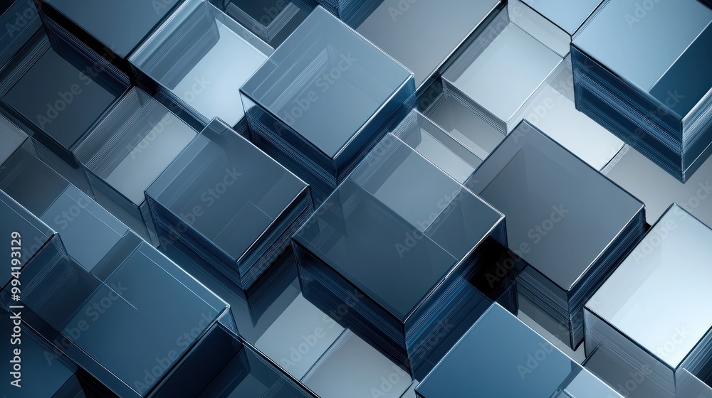 Poster Blue and grey glossy squares abstract tech banner design. Modern abstract blue background design with layers of transparent material in square shapes in random geometric patterns.