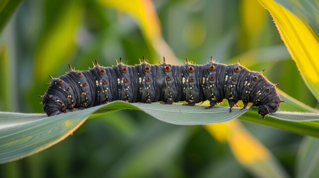 Black cutworm caterpillar on corn stalk: Agricultural pest from the family Noctuidae causing crop damage