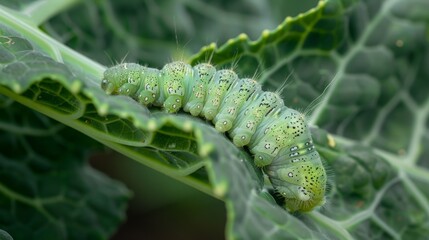 Naklejka premium Agricultural Threats from Trichoplusia ni: A Closer Look at the Cabbage Looper Caterpillar, Leaf Damage, and Crop Protection Strategies