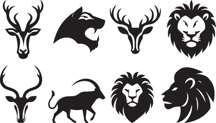 Animal head silhoettes icon set included lion, tiger, deer, cow with illustration