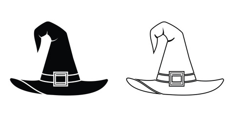 Witch hat icon, vector, Halloween hat line art symbol, silhouette. Magic hat icon, symbol. Witch hat icon, vector in flat style isolated on white background. Vector illustration.