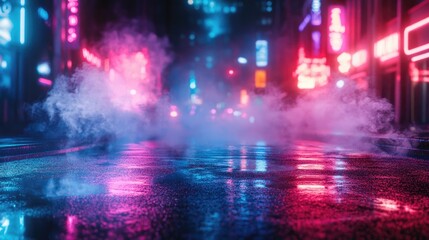 Fototapeta premium Old wet asphalt street with neon lights and smoke