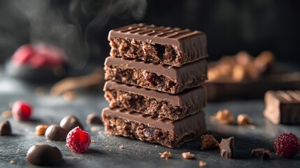 A stack of four dark chocolate bars with raspberries and chocolate chips scattered around them.