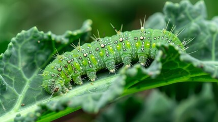 Naklejka premium Green Diamondback Moth Caterpillar (Plutella xylostella) on Broccoli Leaves: Exploring Crop Damage and Effective Pest Management Techniques