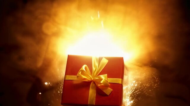 Red Gift Box with Yellow Ribbon Surrounded by Glowing Fireworks