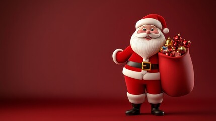 A cartoonish image of Santa Claus holding a red bag