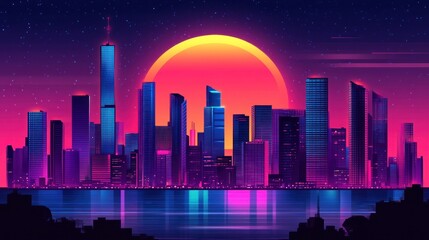 Vibrant cityscape at sunset with silhouettes of skyscrapers against a bright yellow sun and dark blue sky.