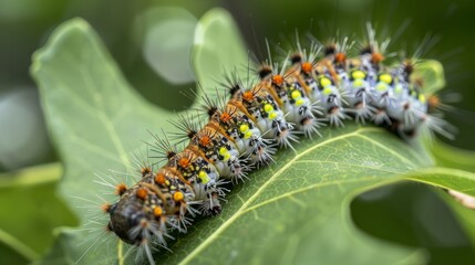 Naklejka premium 4. Colorful Gypsy Moth Caterpillars (Lymantria dispar) on Oak Tree Foliage: Exploring Feeding Habits and Their Effects on Forest Ecosystems