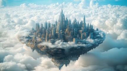 Fototapeta premium A futuristic platform city floats in the sky, surrounded by clouds in a sci-fi fantasy world.