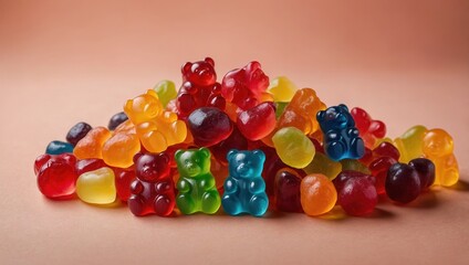 Pile of colorful gummy bear candy with various features
