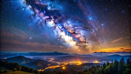 Naklejka premium Expansive View of a Starry Night Sky with Infinite Stars and a Glimpse of the Milky Way Galaxy