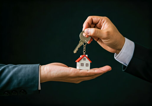 landlord giving key house to buyer, home rant or selling design