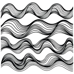 Abstract Waves Black and White Line Art Decoration Set.