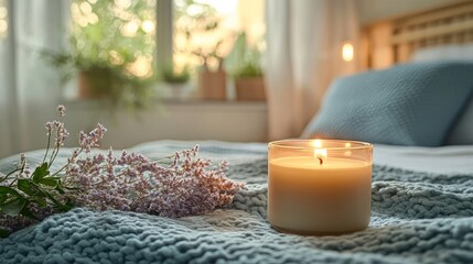 Scented candle in a modern bedroom setting
