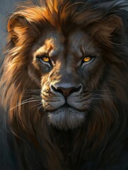 Naklejka premium Majestic lion portrait with intense golden eyes and a flowing mane, showcasing strength and beauty.