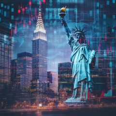 Fototapeta premium New York business skyline with stock exchange trading chart double exposure, Liberty Statue, trading stock market digital concept