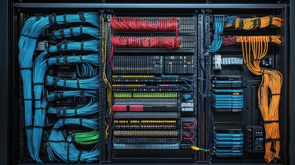 Network rack wiring diagram in blueprint style, color-coded cables, patch panel layouts, meticulous labeling