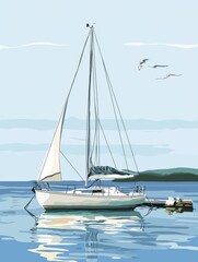 A serene sailboat floats on calm waters under a blue sky, creating a peaceful nautical scene.