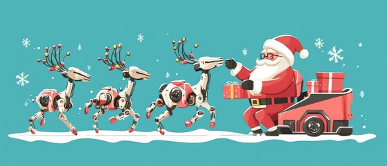 A cartoon of Santa Claus giving a gift to a reindeer