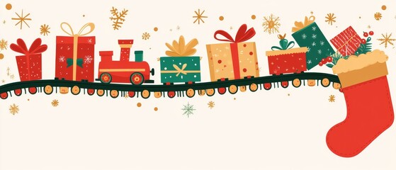 A train with a red engine and a red and green car is pulling a train of presents