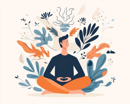 A serene young man of undefined ethnicity meditating amidst an explosion of colorful foliage and abstract shapes.