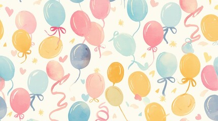 Colorful hand drawn balloon vector pattern in pastel shades Features watercolor style balloons in pink blue yellow and mint floating against a white background
