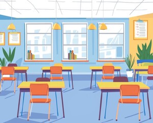 Bright and modern classroom setting with colorful desks and natural light, creating an inviting learning environment.