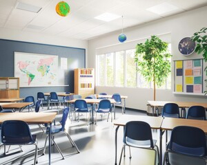 Bright and inviting classroom with wooden desks and maps on the walls, featuring a large window and greenery.