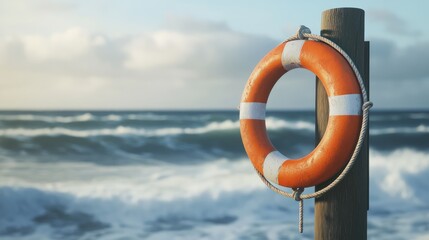 Seaside Safety Watch: A snapshot of coastal vigilance, showcasing a life ring hanging on a pole at the beach. The importance of prevention, safety, and immediate assistance in emergency situations