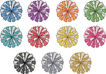 Colorful Glitter Sparkle Cheerleader Pom-Poms Clipart Set
