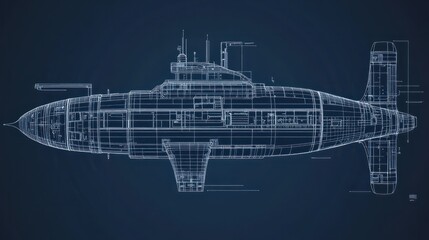 Submarine Blueprint Design - 3D Model, Engineering, Naval Architecture, Submarine Design, Blueprint, Underwater, Military, Technology, Vessel, Craft, Ocean