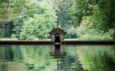 Stone fountain with a cross on top, reflecting in a still pond surrounded by trees.