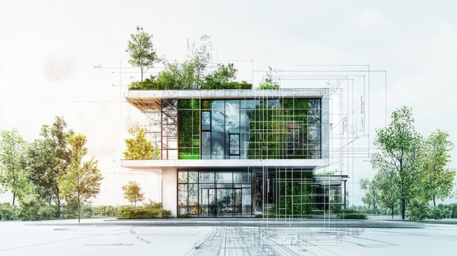 sustainable green building practices in architectural blueprints ecofriendly construction planning digital concept illustration