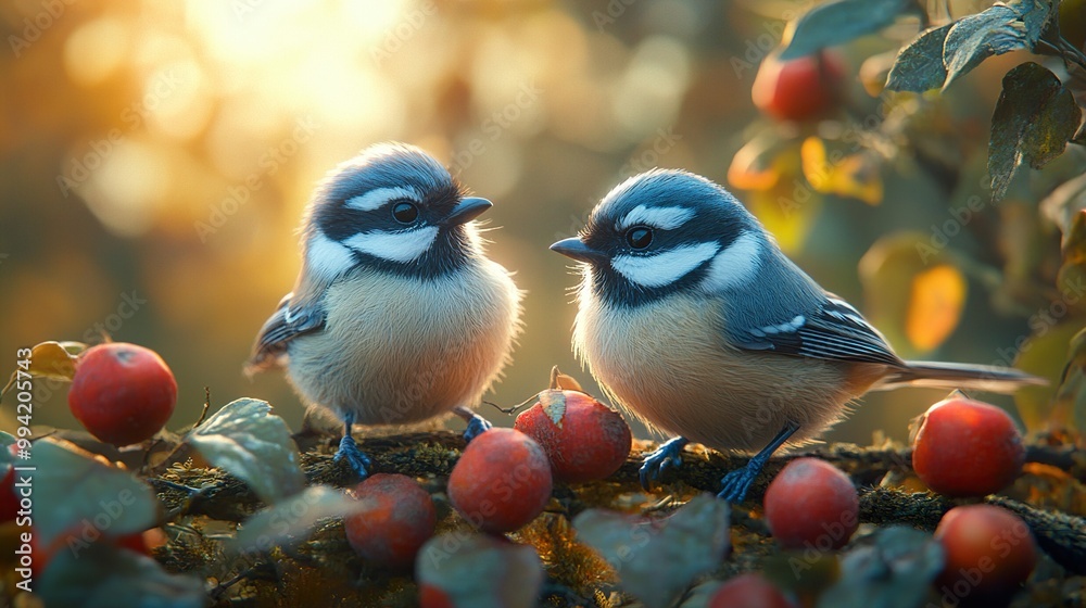 Poster Two Cute Birds Perched on a Branch with Berries