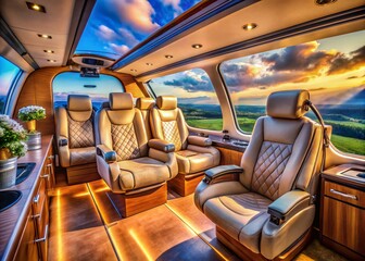 Fototapeta premium Exquisite Luxury Helicopter Interior Featuring Plush Seating, Elegant Design, and Modern Amenities