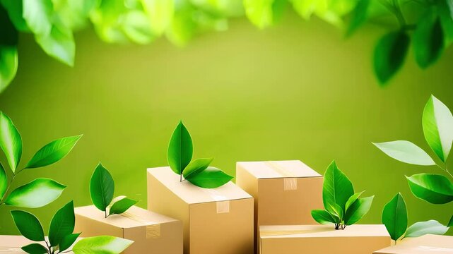 Eco-friendly packaging with green leaves, promoting sustainability, environmental care, and biodegradable materials in shipping.