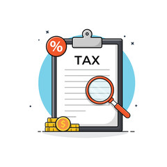 Clipboard with Tax Paper and Gold Coin Vector Illustration. Taxation Concept Design