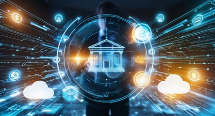 Obraz premium Digital Bank Transformation: Futuristic concept of a person standing in a digital space with a bank building hologram. This image showcases the innovative power of fintech and the future of banking.